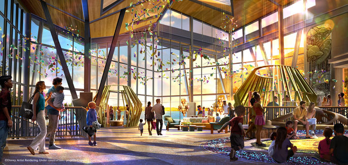 Rendering of the Pocahontas-inspired lobby at Disney's Lakeshore Lodge. Disney Parks, Disney's lakeshore lodge, new disney resort 2027, disney hotels