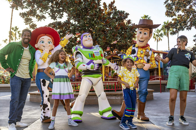 Pixar characters and guests at Disney California Adventure Park. 