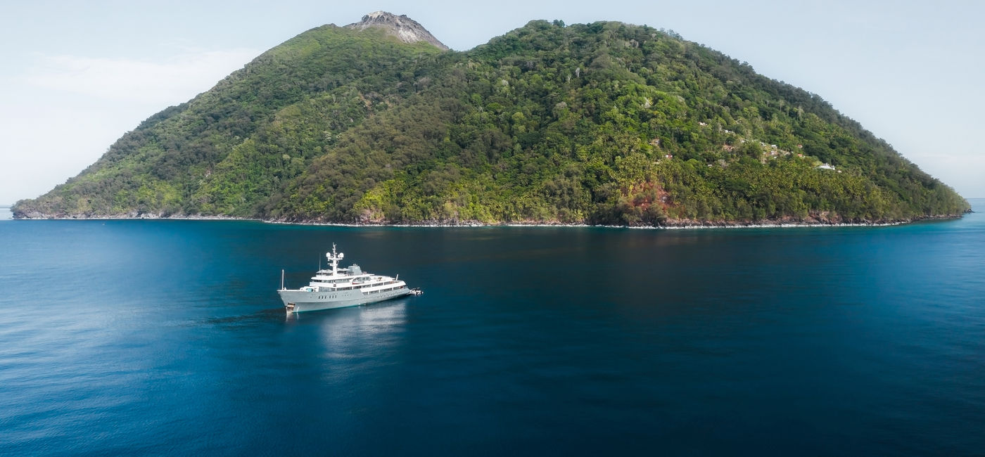 Image: Aerial view of the Aqua Blu privately chartered yacht. (Photo Credit: Aqua Expeditions)