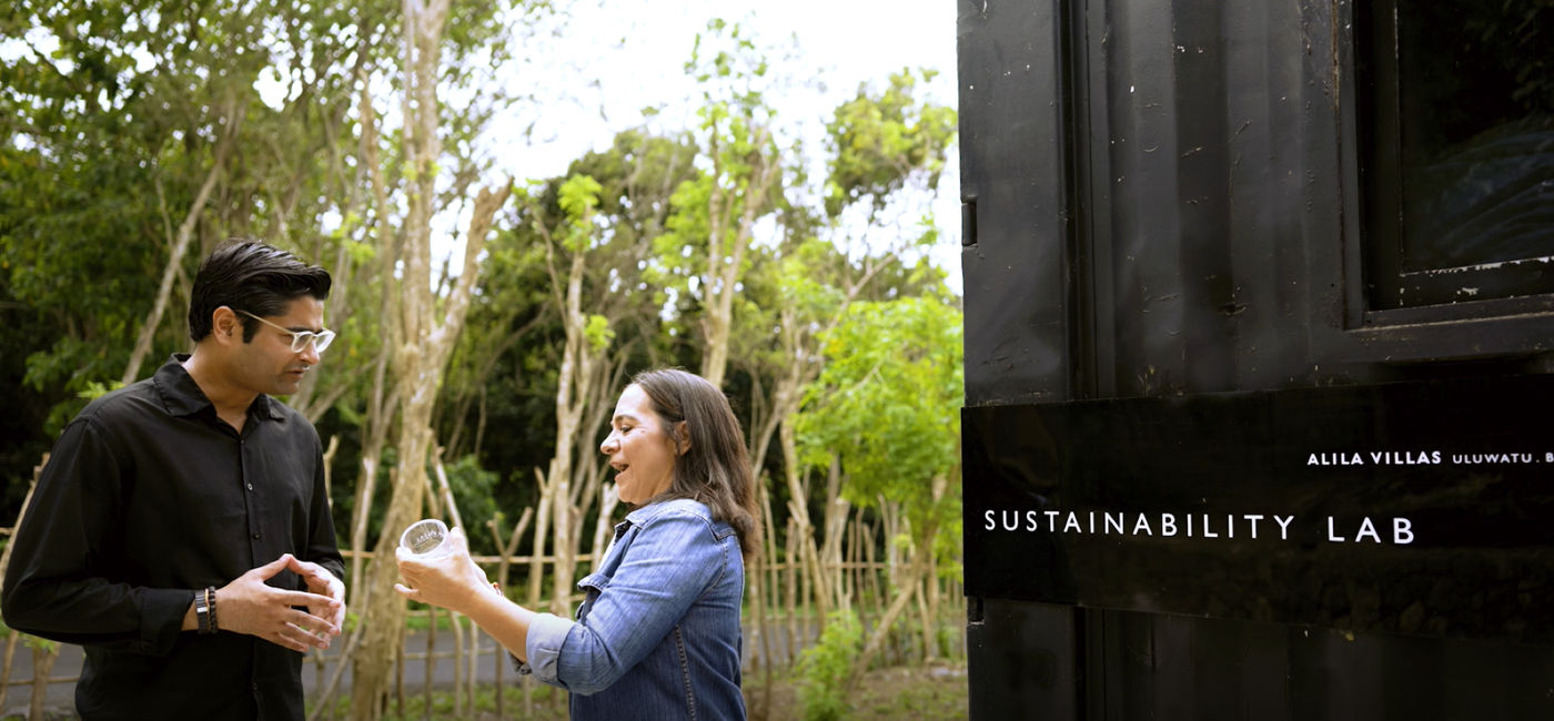 Image: Hemal and Silvina talk in front of the Sustainability Lab at the Alila Villas Uluwatu resort. (photo via Hyatt Hotels & Resorts) ((photo via Hyatt Hotels & Resorts))