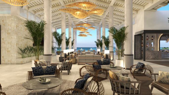 Rendering of the open-air lobby inside the new Royalton CHIC Antigua. Blue Diamond Resorts, Royalton CHIC Antigua, adults-only resorts in antigua, antigua resorts, resorts in antigua