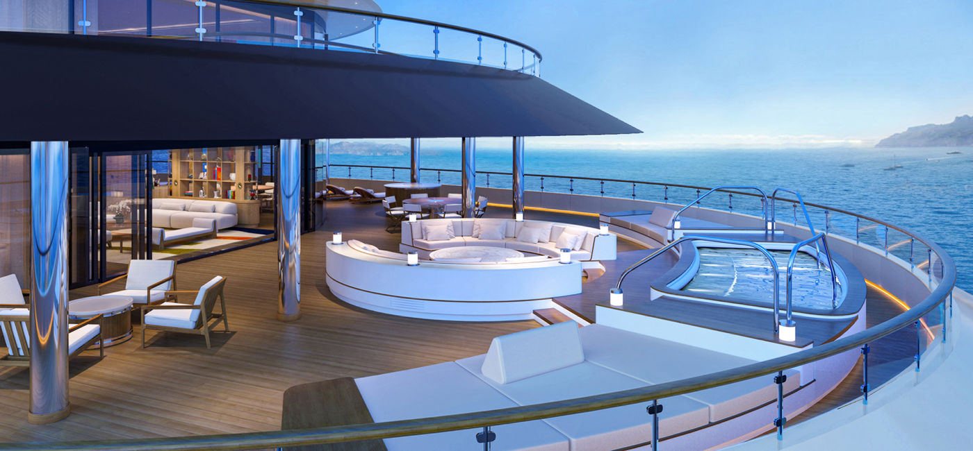 Image: A rendering of the terrace of one of the larger suites (Photo Credit: Four Seasons Yachts)