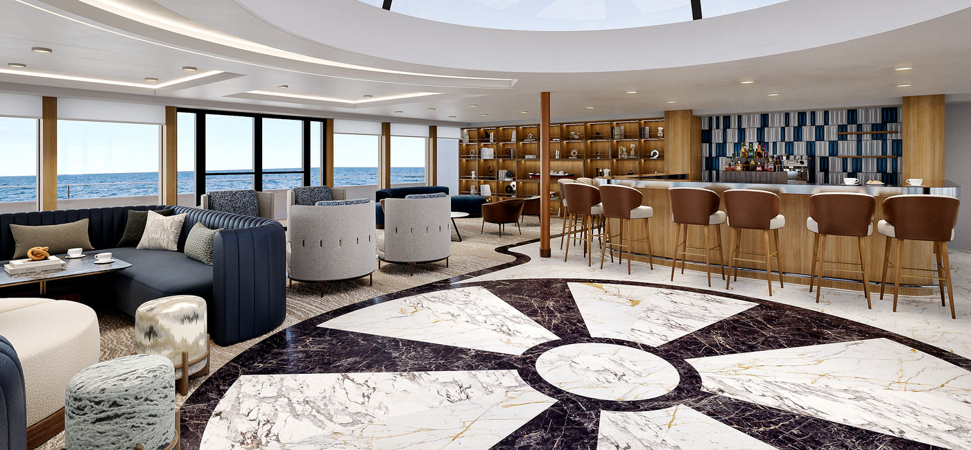 Image: Le salon principal, décoré dans des tons neutres rehaussés d’accents verts, présente un espace moderne et apaisant (Source: Windstar Cruises)