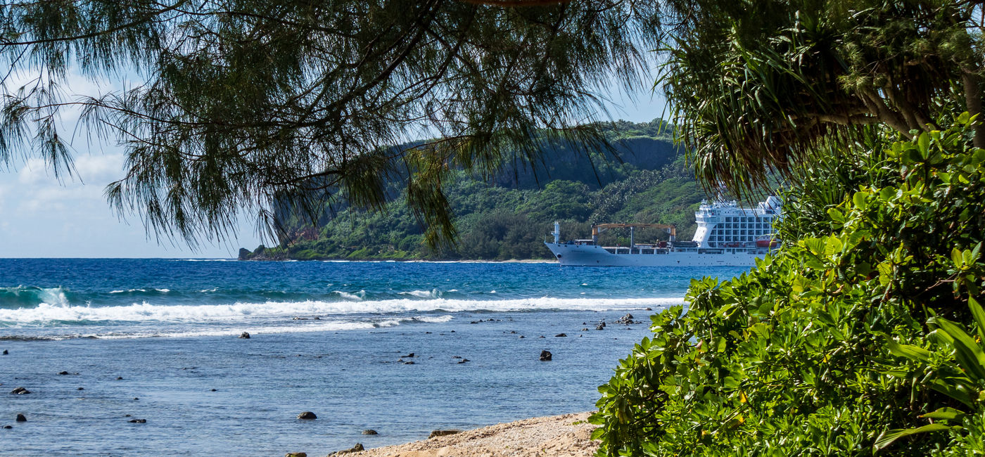 Image: Aranui 5 anchored off Rurutu, Austral Islands, French Polynesia (Photo by Scott Laird)