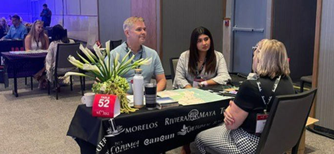 Mexican Caribbean Tourism Board representatives Sam Combs and Elina Pasos met with over 40 key advisors focused on Wedding and Romance travel.