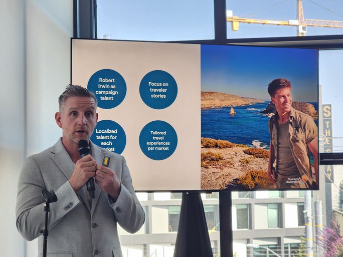 Tourism Australia's Vice President for The Americas and New Zealand, Chris Allison, speaks during a media briefing at the Australia Marketplace North America 2025 event in Los Angeles.