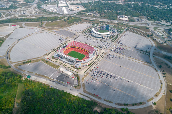 Aerial view of GEHA Field at Arrowhead Stadium in Kansas City, Missouri Aerial view of GEHA Field at Arrowhead Stadium in Kansas City, Missouri