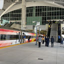 The Brightline train at the new Orlando Airport station.