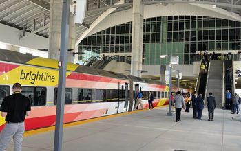 The Brightline train at the new Orlando Airport station.