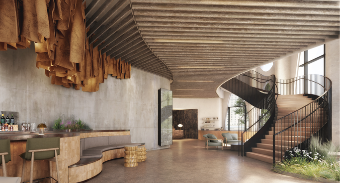 Rendering of arrival area for new Populus hotel in Denver