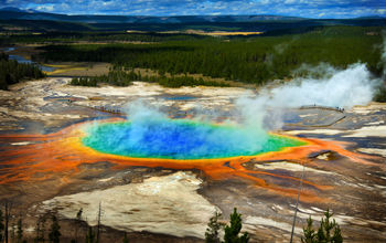 The Grand Prismatic Spring at Yellowstone National Park, Wyoming.