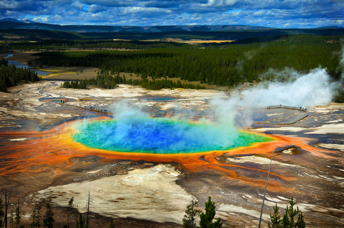The Grand Prismatic Spring at Yellowstone National Park, Wyoming.