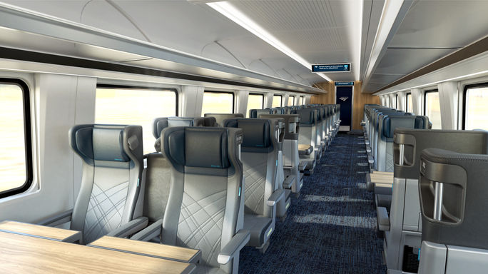 Business -Class -Sitzplätze an Bord eines Amtrak Airo -Zuges. Business -Class -Sitzplätze an Bord eines Amtrak Airo -Zuges.