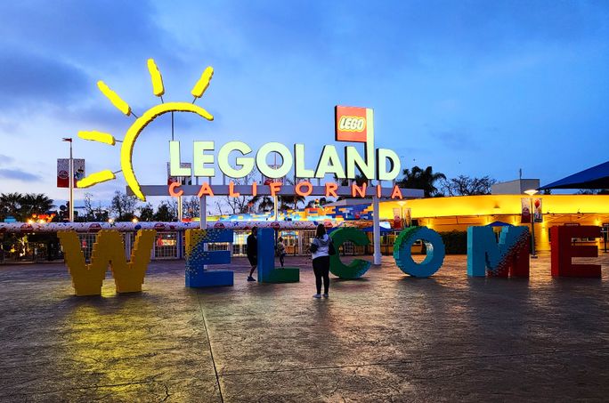 Entrance to Legoland California at dusk. Entrance to Legoland California.