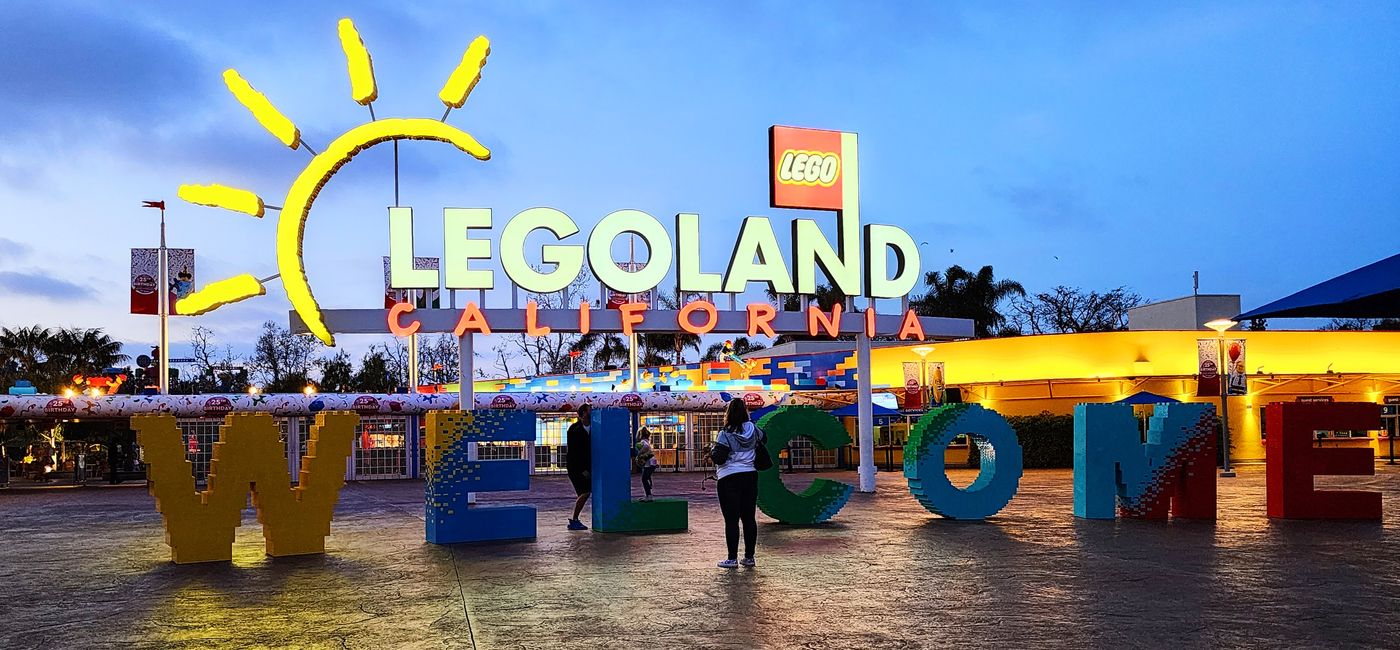 Image: Entrance to Legoland California at dusk.  (Photo Credit: Northstar Travel Group/Laurie Baratti)