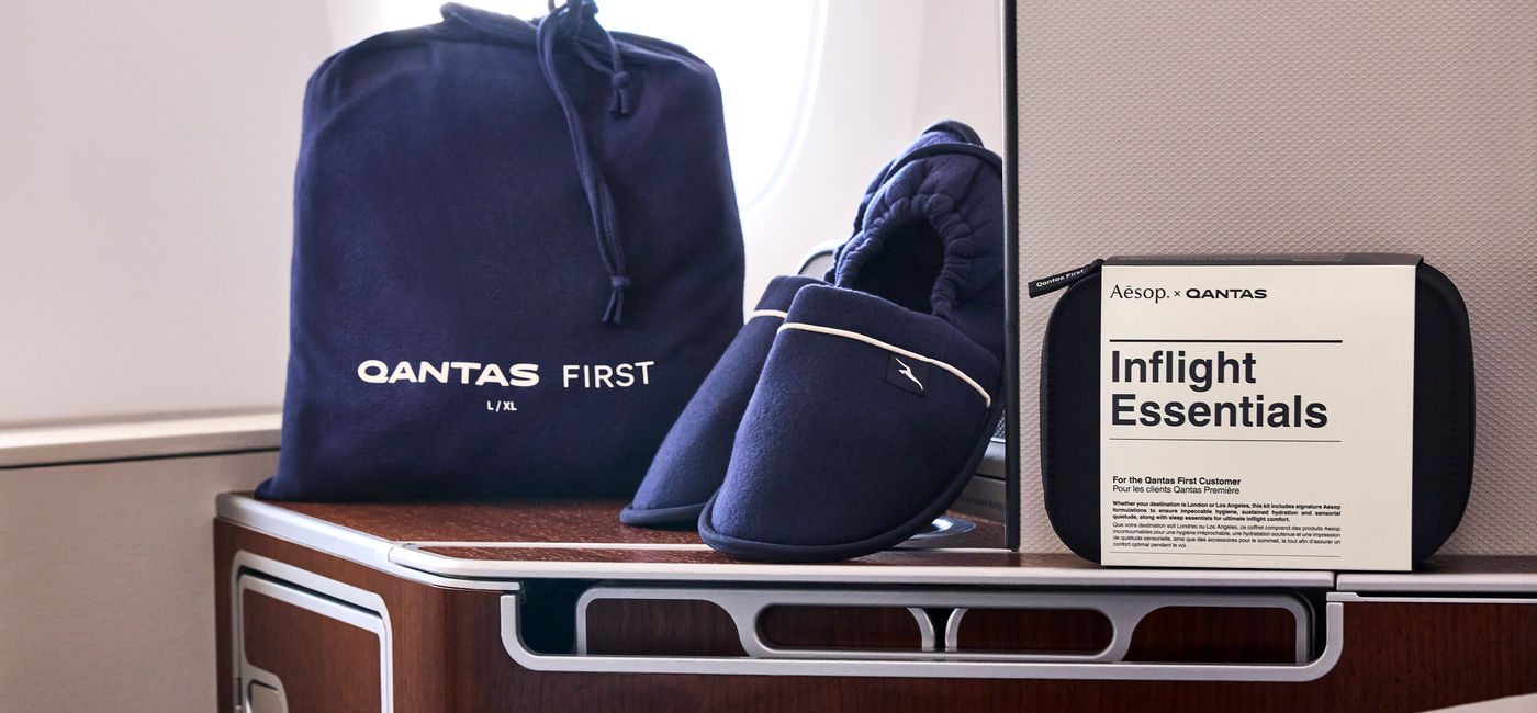 Image: Qantas new A380 first class pajamas, slippers, and amenity kit (Photo Credit: Courtesy Qantas)
