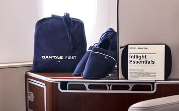 Qantas new A380 first class pajamas, slippers, and amenity kit