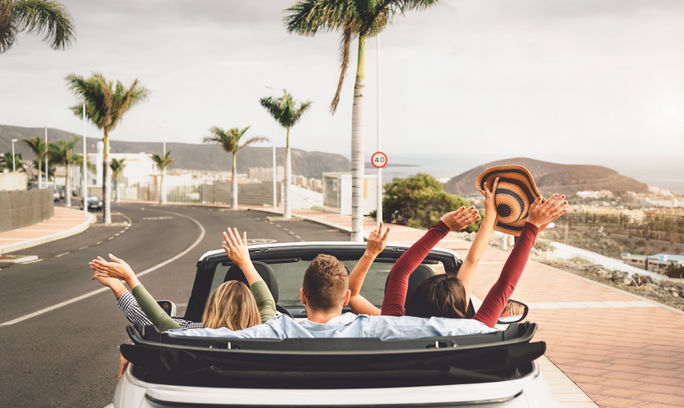 Group of young people going on a road trip.