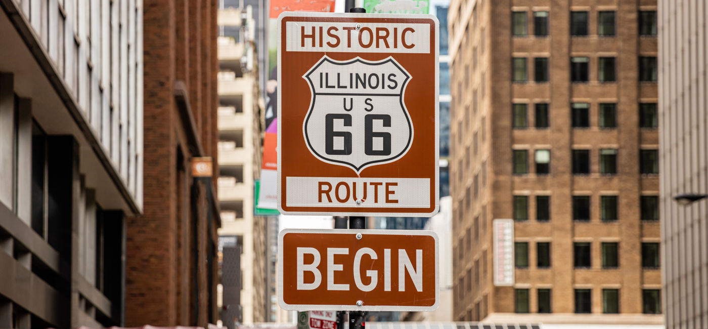 Image: Historic Route 66 road sign in Chicago. (Photo Credit: Rawf8/Adobe)