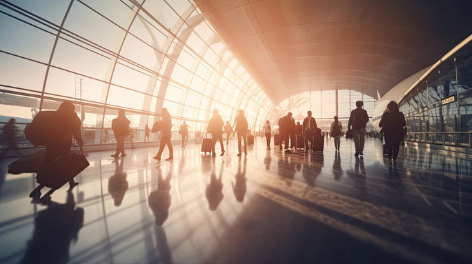 Crowd of travelers inside an airport terminal