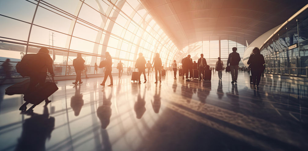 Crowd of travelers inside an airport terminal