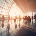 Crowd of travelers inside an airport terminal