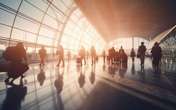 Crowd of travelers inside an airport terminal