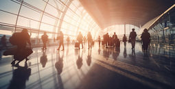 Crowd of travelers inside an airport terminal