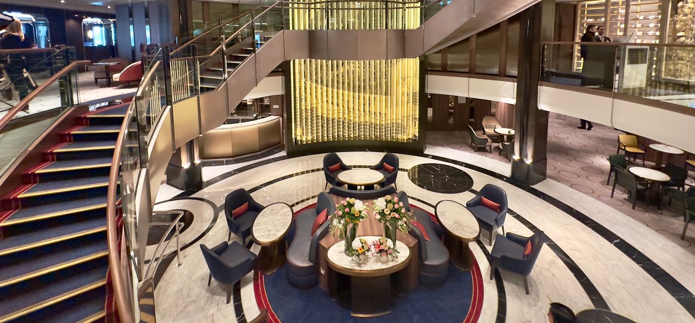 Image: The Grand Lobby on Queen Anne Cruise Ship (Photo Credit: Scott Laird)
