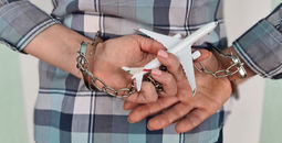 Arrested airline passenger in handcuffs.