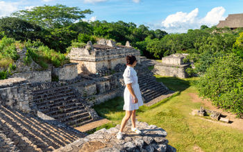 A tourist visiting Mayan ruins in Yucatan, Mexico.
