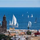 The Cathedral of Santa Ana in the historic Vegueta quarter, with sailing boats off the coast of Las Palmas