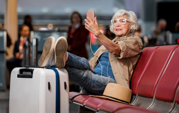 Elderly woman, woman traveler, solo travel, female, traveler, airport, lounge, solo traveler