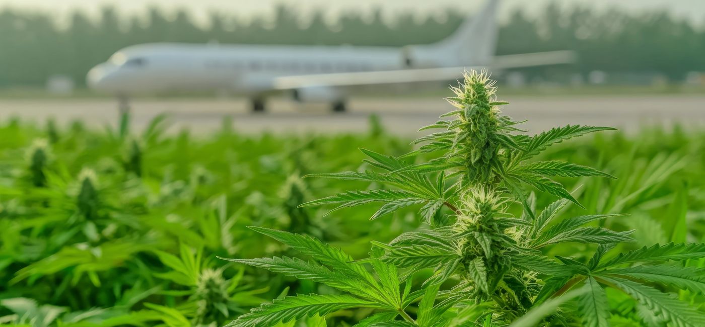 Image: Plane landing next to cannabis field. (Narongsag / Adobe Stock)