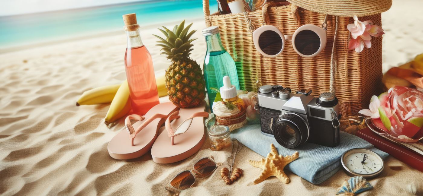 Image: A traveler's stuff laid out on a sunny beach. (Photo Credit: Adobe Stock/Moesy)