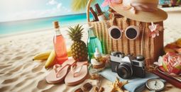 A traveler's stuff laid out on a sunny beach.