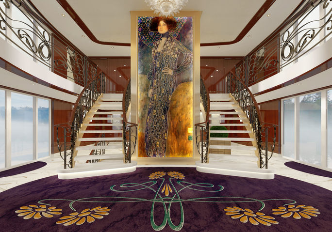 Rendering of the lobby inside the S.S. Emilie. Uniworld Boutique River Cruises, S.S. Emilie, new river cruise ships 2026