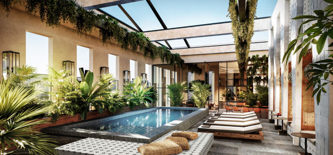 Rendering of the rooftop pool area inside the Fairmont New Orleans. Fairmont Hotels & Resorts, Fairmont New Orleans, hotels in new orleans, new hotels new orleans, new orleans luxury hotels, luxury hotels new orleans
