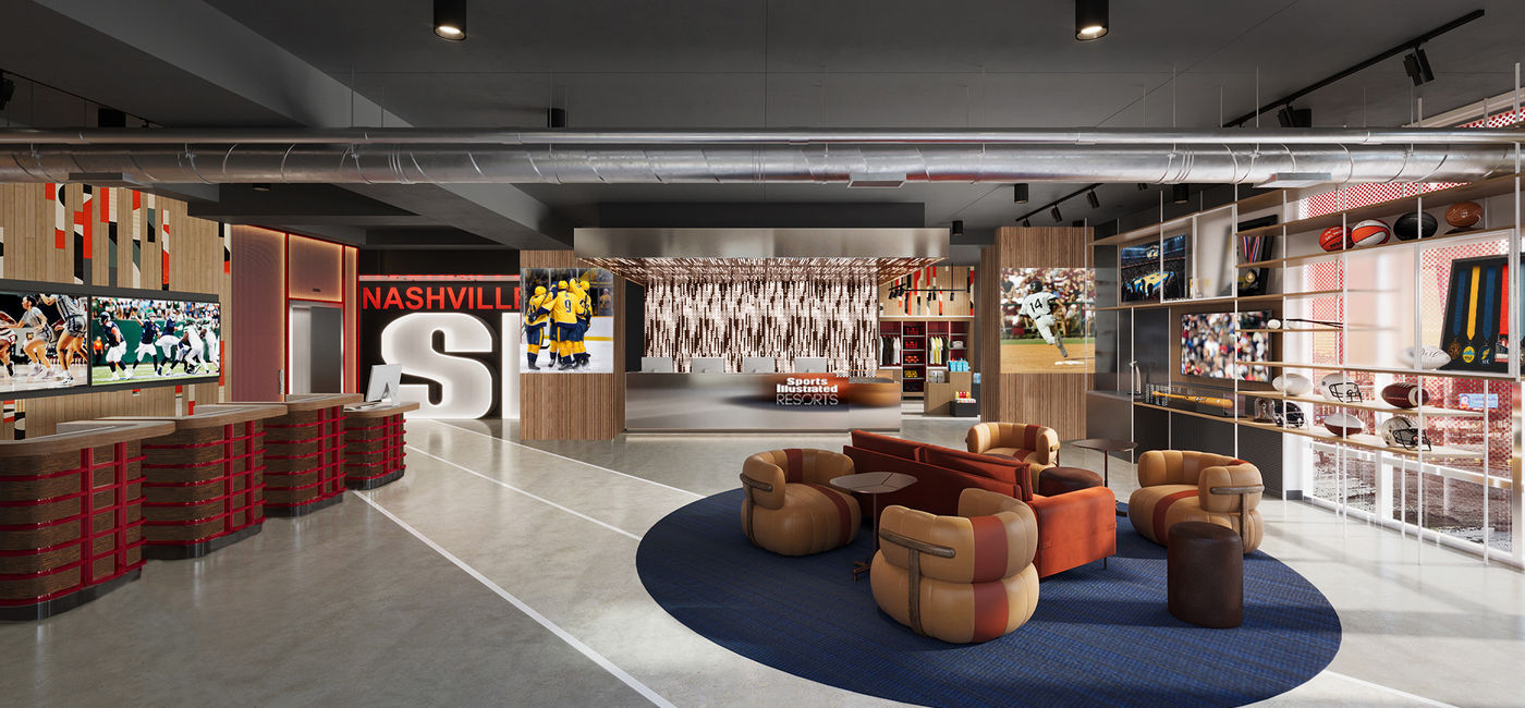 Image: Lobby rendering of new Sports Illustrated Resorts property in Nashville. (Photo Credit: Travel + Leisure Co.)