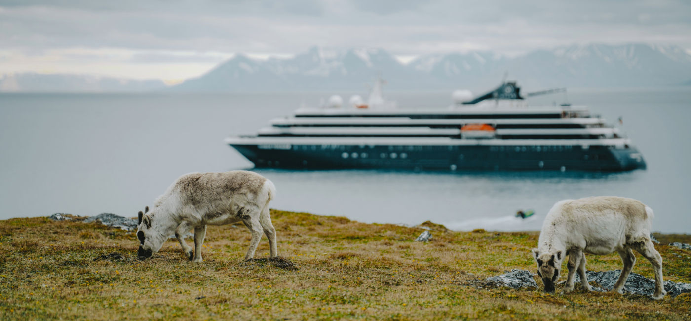 Image: An Atlas Ocean Voyages ship cruising along the coast of Svalbard, where reindeer graze. (Photo Credit: Atlas Ocean Voyages)