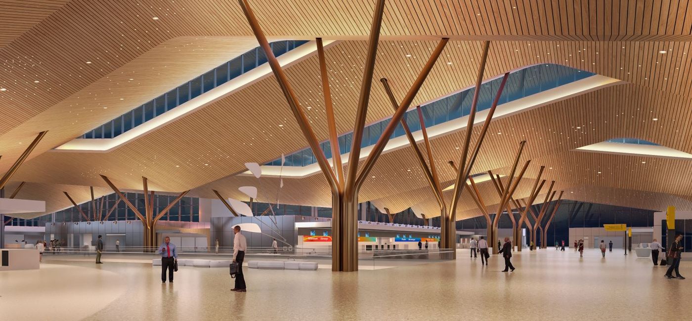 Image: New PIT departures terminal at night (Photo Credit: Courtesy Gensler + HDR in association with luis vidal + architects)