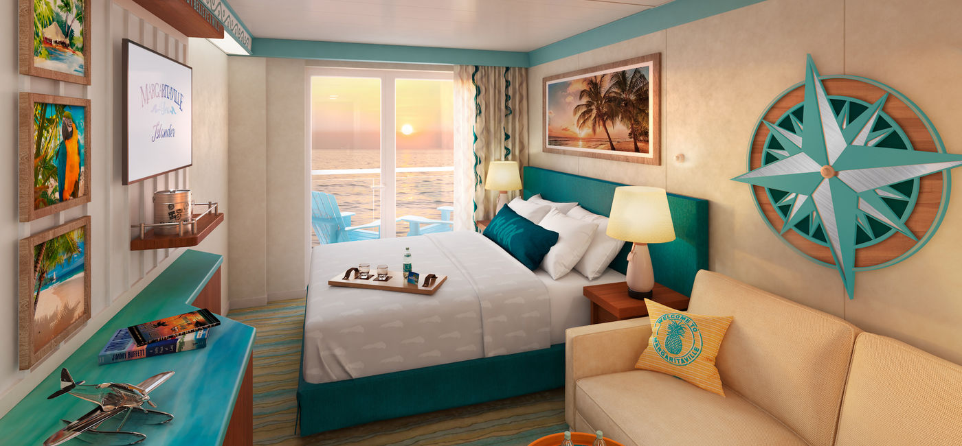 Image: A balcony stateroom on the Margaritaville At Sea Islander. (Photo Credit: Margaritaville At Sea)