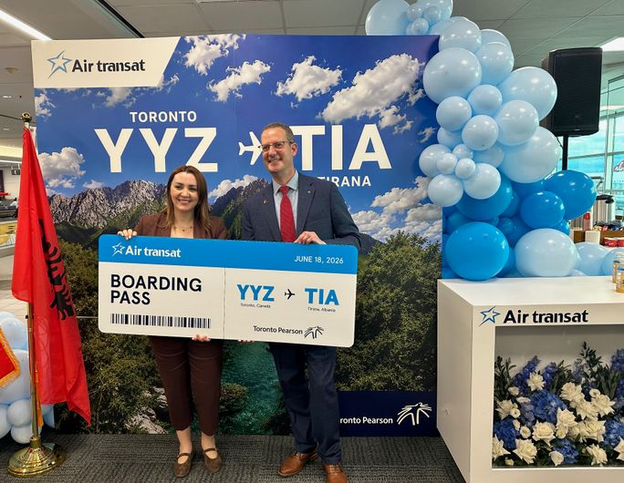 L-R Albanian Ambassador Dr. Artemis Malo and Howard Liebman, Air Transat's Vice President of Government Relations L-R Albanian Ambassador Dr. Artemis Malo and Howard Liebman, Air Transat's Vice President of Government Relations