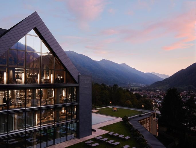 Exterior view of the Lefay Resort & SPA Dolomiti, part of Beyond Green. Lefay Resort & SPA Dolomiti, resorts in the dolomites italy, Beyond Green, Preferred hotels & resorts