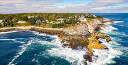 Aerial view of Pemaquid Point Light in Bristol, Maine