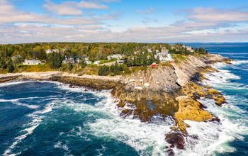 Aerial view of Pemaquid Point Light in Bristol, Maine