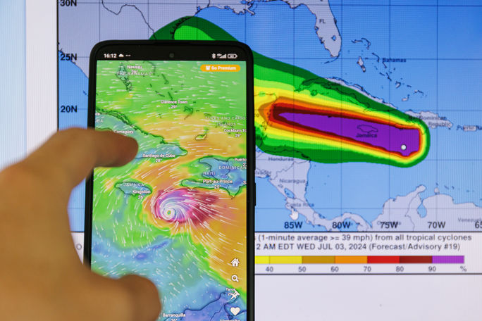 Map of Hurricane Beryl's projected path through the Caribbean.