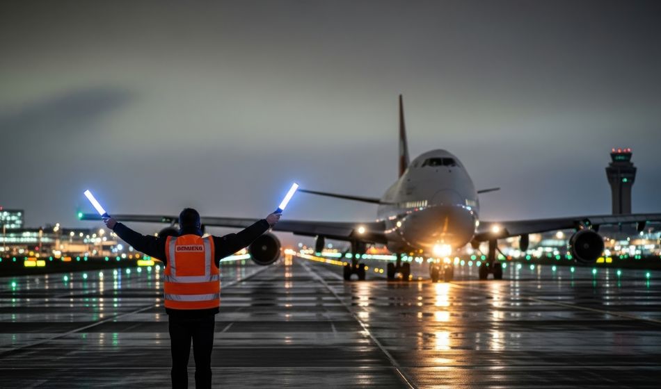 Ground crew member guides passenger plane.