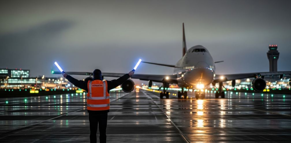 Ground crew member guides passenger plane.