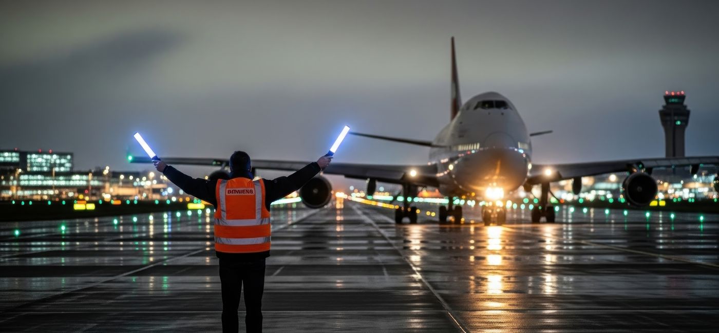 Image: Ground crew member guides passenger plane. (Photo Credit: Adobe Stock)